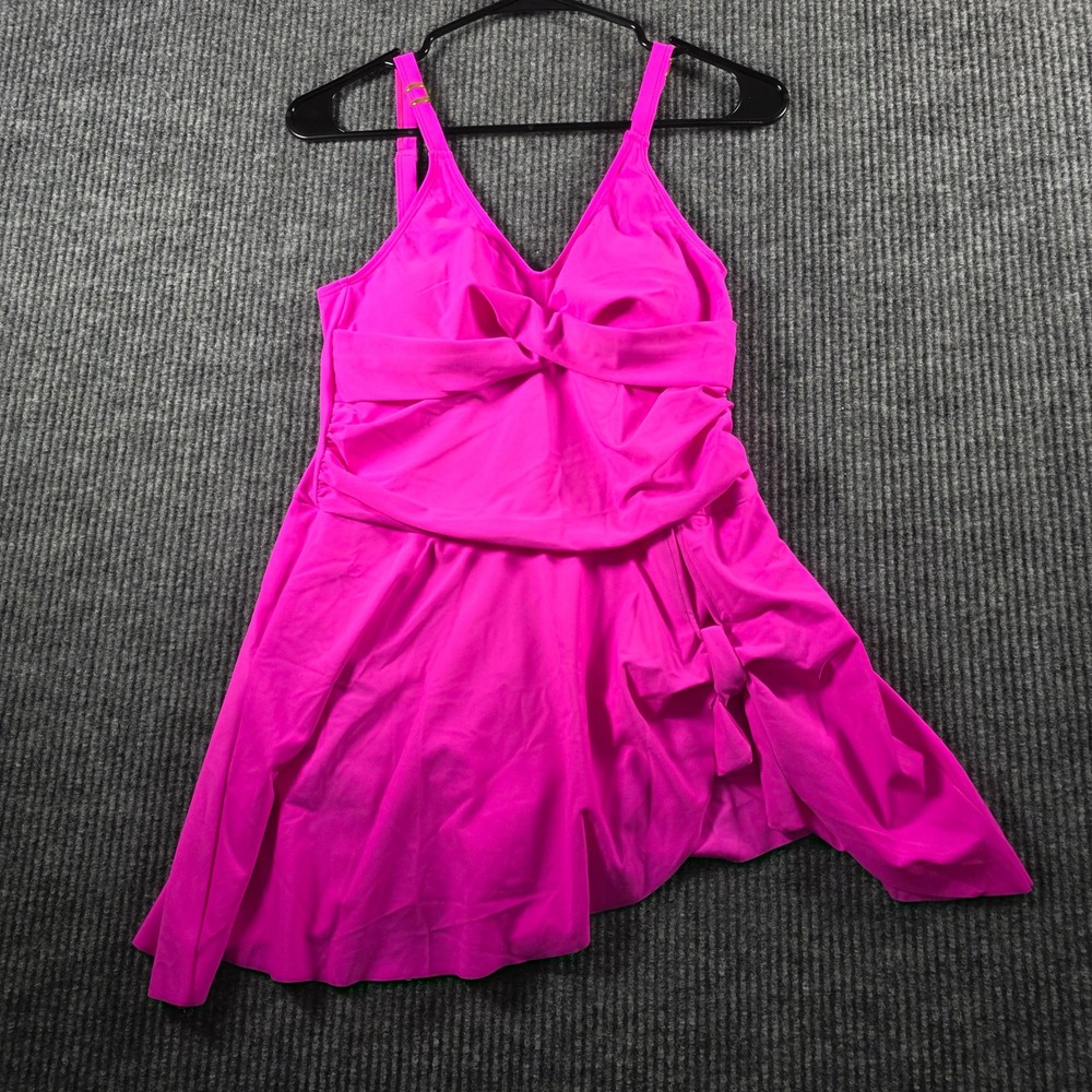 Folunsi‎ Women Hot Pink Swim Dress One Piece Swimsuit Twist Front Size L NWT